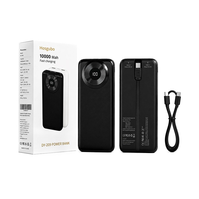 Hosgubo 10000mAh Smart LED Power Bank with Type-C Cable Black