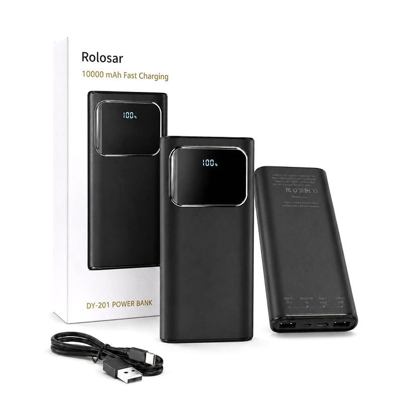 Rolosar Ultra Slim 10000mAh Power Bank Fast Charging and LED Display Black