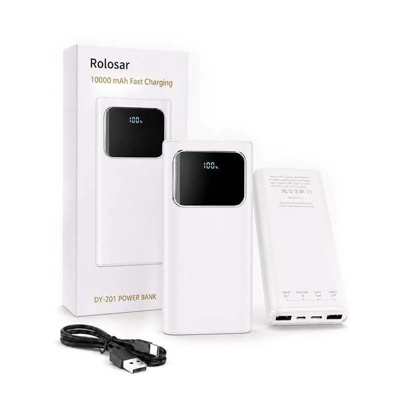 Rolosar Ultra Slim 10000mAh Power Bank Fast Charging and LED Display White