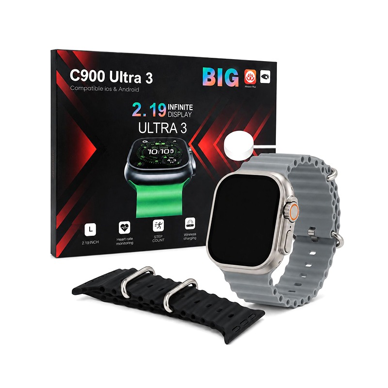C900 Ultra 3 Rugged Smartwatch Large 2.19 Display with Extra Sport Band Grey