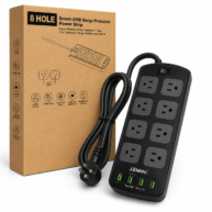 8 Hole Smart USB Surge Power Strip - Black